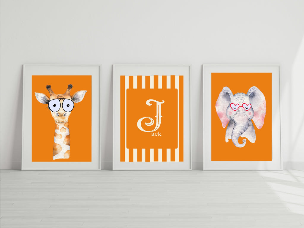 Personalised Set Of 3 Emmie Elephant & Gillie Giraffe In Sunglasses Wall Art Prints | Orange Kids Animal Posters