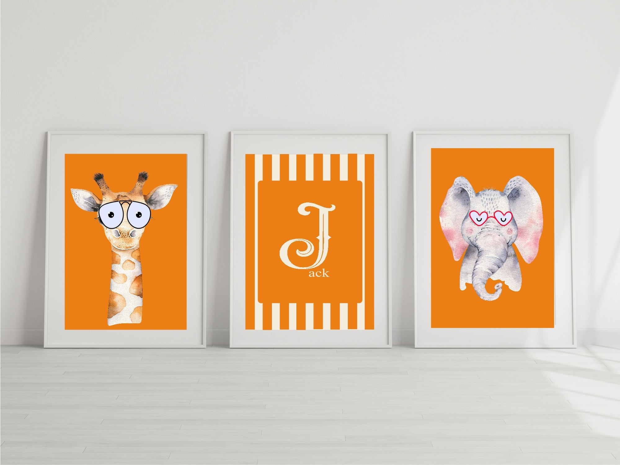 Personalised Set Of 3 Emmie Elephant & Gillie Giraffe In Sunglasses Wall Art Prints | Orange Kids Animal Posters