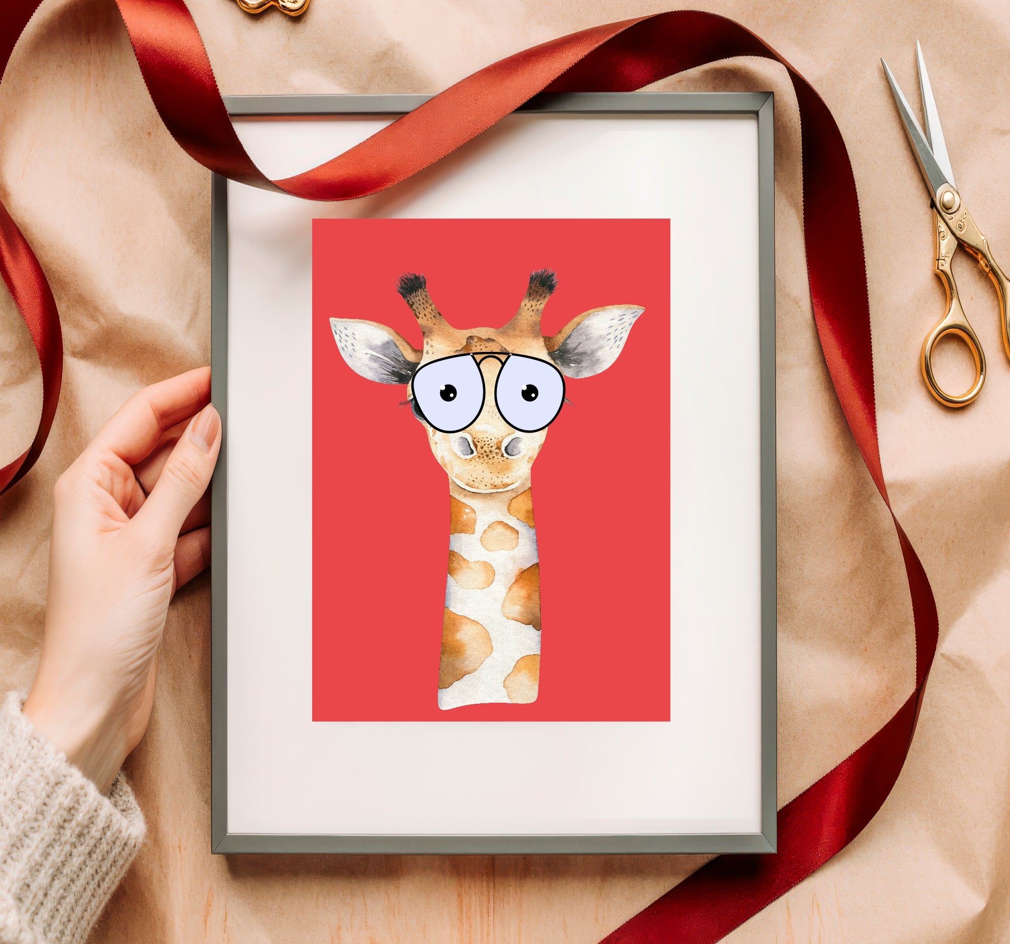Personalised Set Of 3 Emmie Elephant & Gillie Giraffe In Sunglasses Wall Art Prints | Red Kids Animal Posters