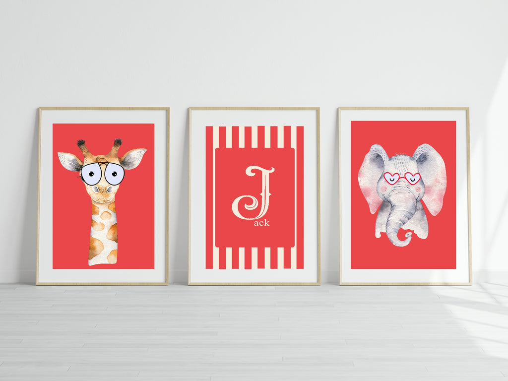 Personalised Set Of 3 Emmie Elephant & Gillie Giraffe In Sunglasses Wall Art Prints | Red Kids Animal Posters