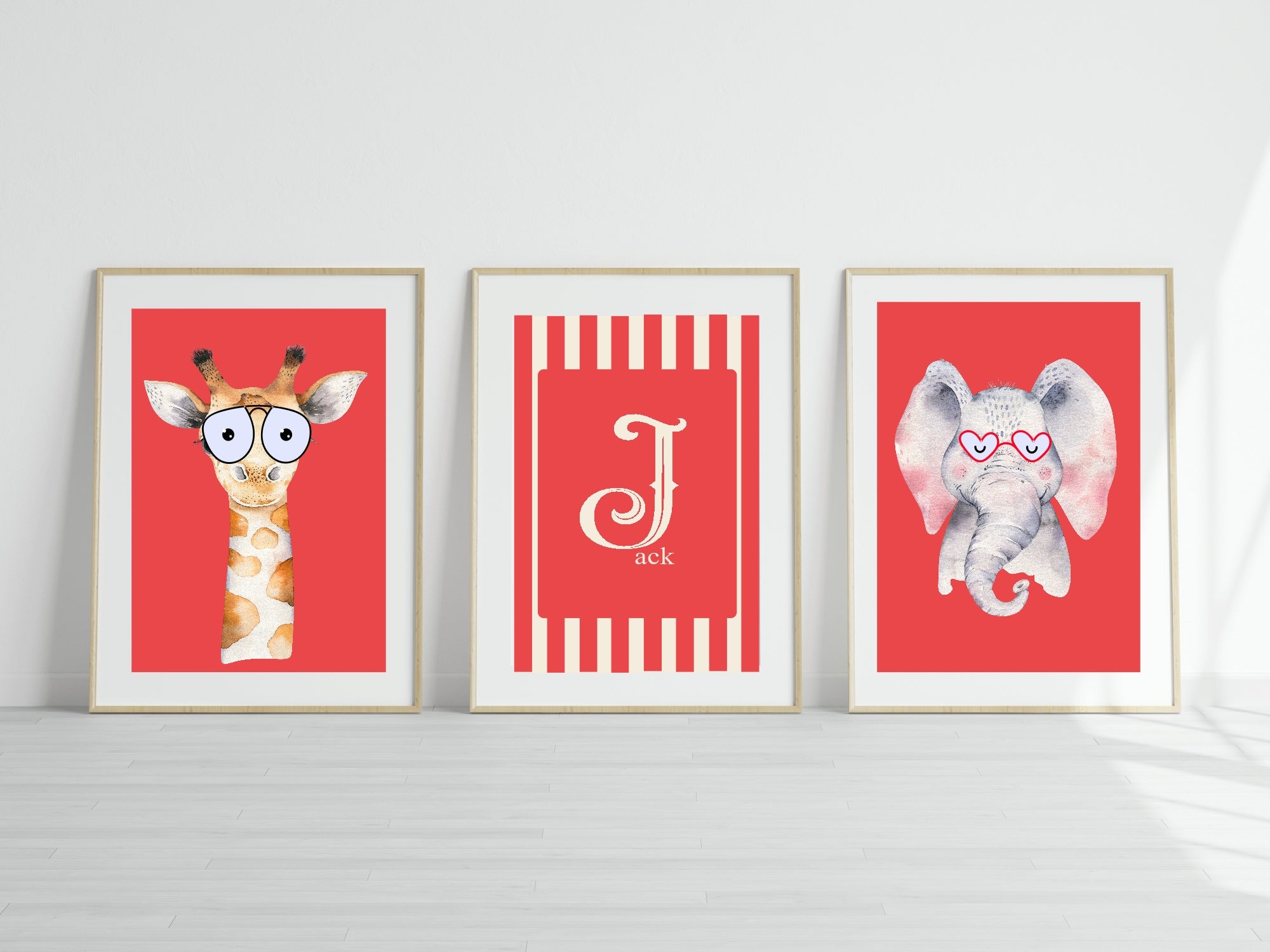 Personalised Set Of 3 Emmie Elephant & Gillie Giraffe In Sunglasses Wall Art Prints | Red Kids Animal Posters