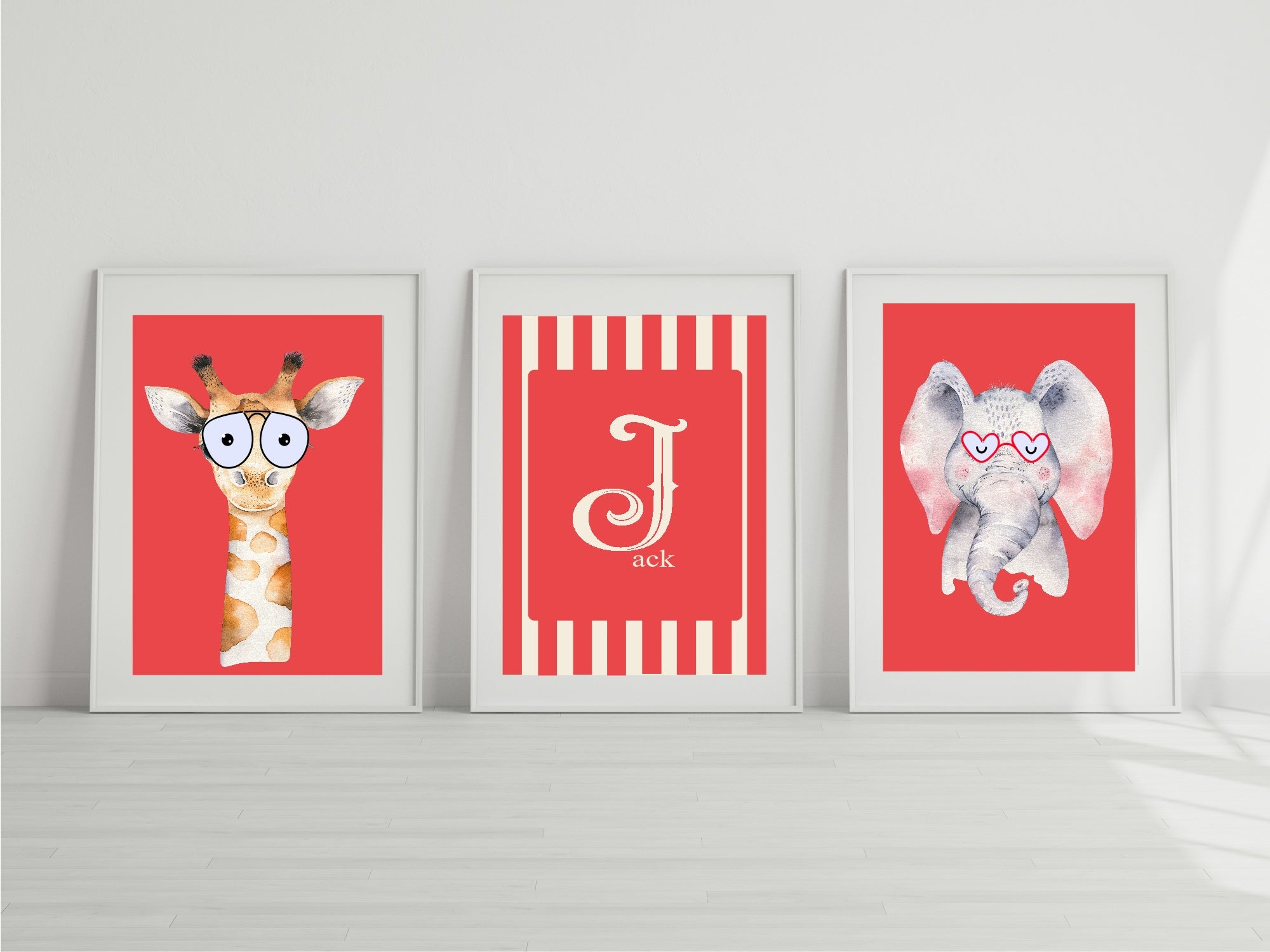Personalised Set Of 3 Emmie Elephant & Gillie Giraffe In Sunglasses Wall Art Prints | Red Kids Animal Posters