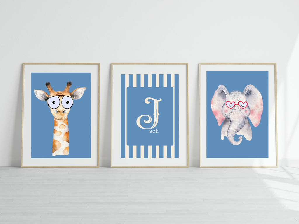 Personalised Set Of 3 Emmie Elephant & Gillie Giraffe In Sunglasses Wall Art Prints | Bright Blue Kids Animal Posters