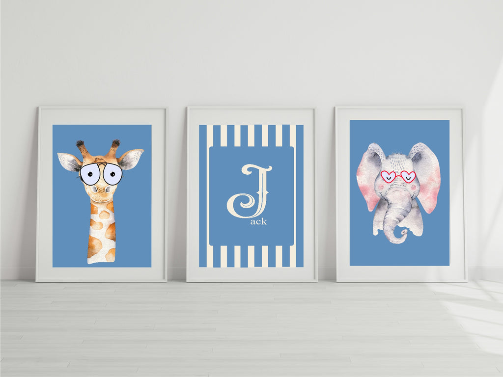 Personalised Set Of 3 Emmie Elephant & Gillie Giraffe In Sunglasses Wall Art Prints | Bright Blue Kids Animal Posters