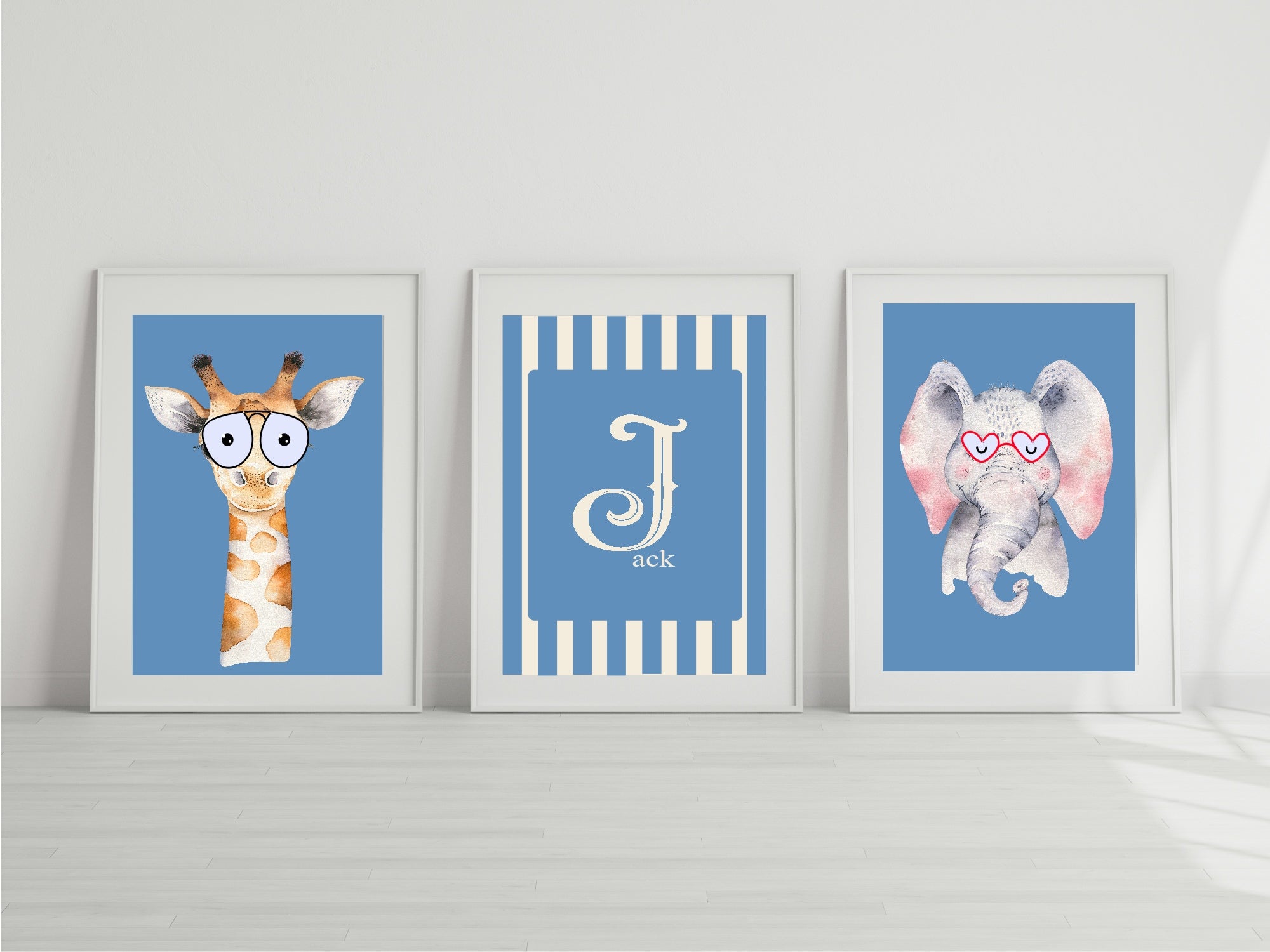 Personalised Set Of 3 Emmie Elephant & Gillie Giraffe In Sunglasses Wall Art Prints | Bright Blue Kids Animal Posters