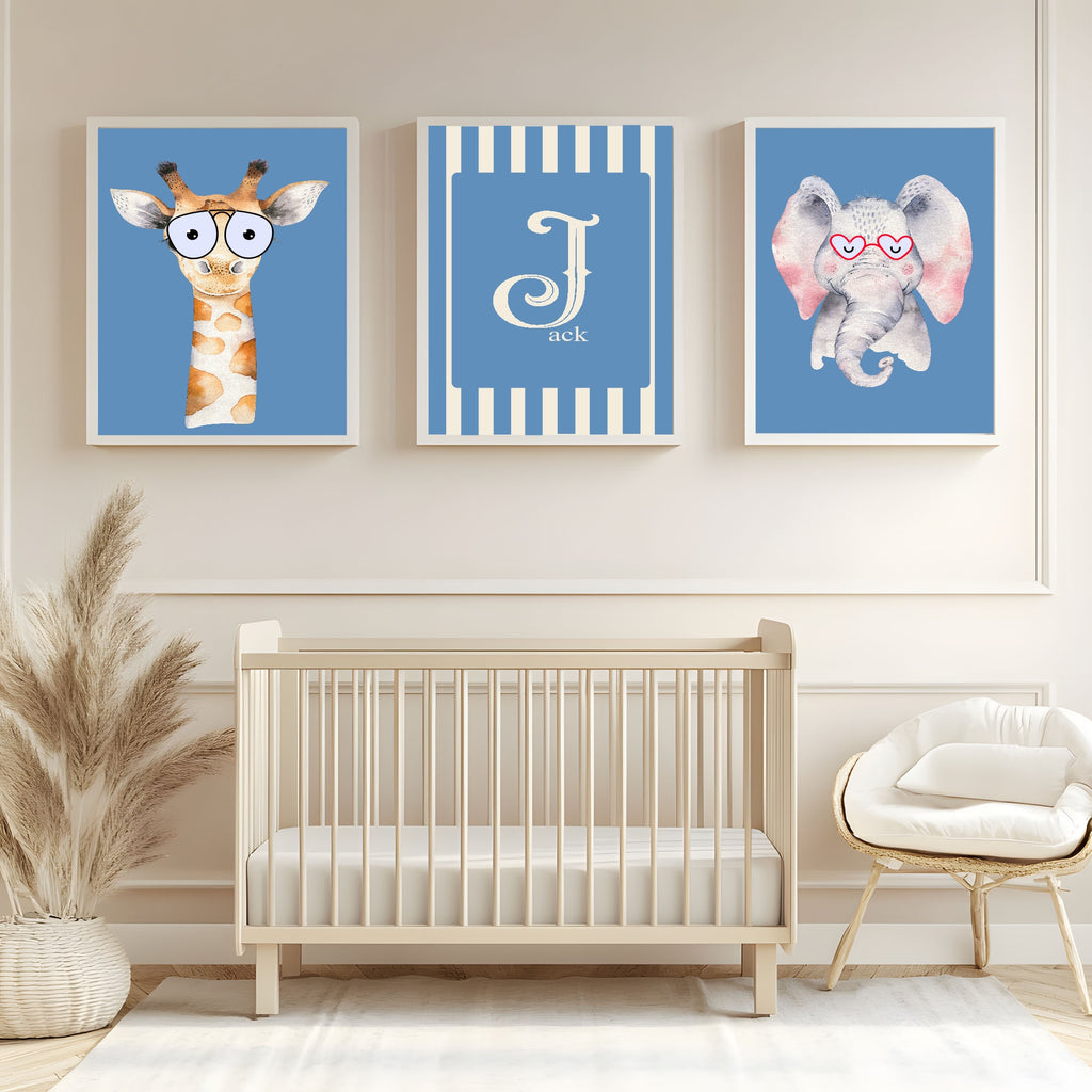Personalised Set Of 3 Emmie Elephant & Gillie Giraffe In Sunglasses Wall Art Prints | Bright Blue Kids Animal Posters