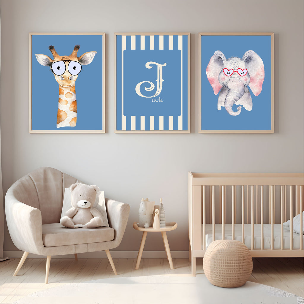 Personalised Set Of 3 Emmie Elephant & Gillie Giraffe In Sunglasses Wall Art Prints | Bright Blue Kids Animal Posters