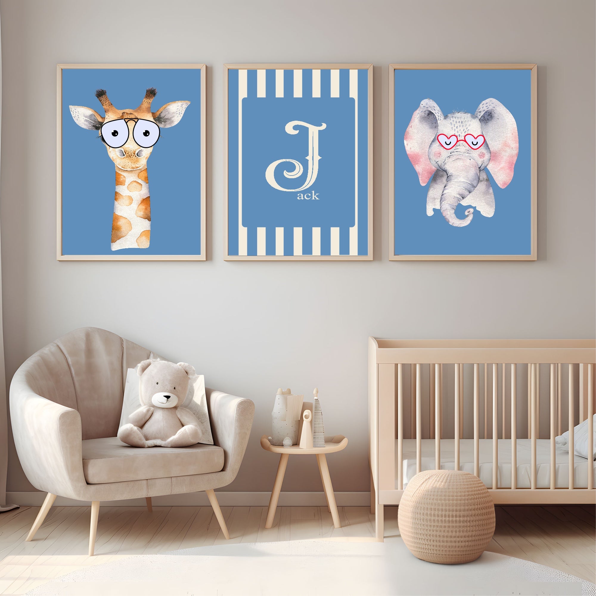 Personalised Set Of 3 Emmie Elephant & Gillie Giraffe In Sunglasses Wall Art Prints | Bright Blue Kids Animal Posters