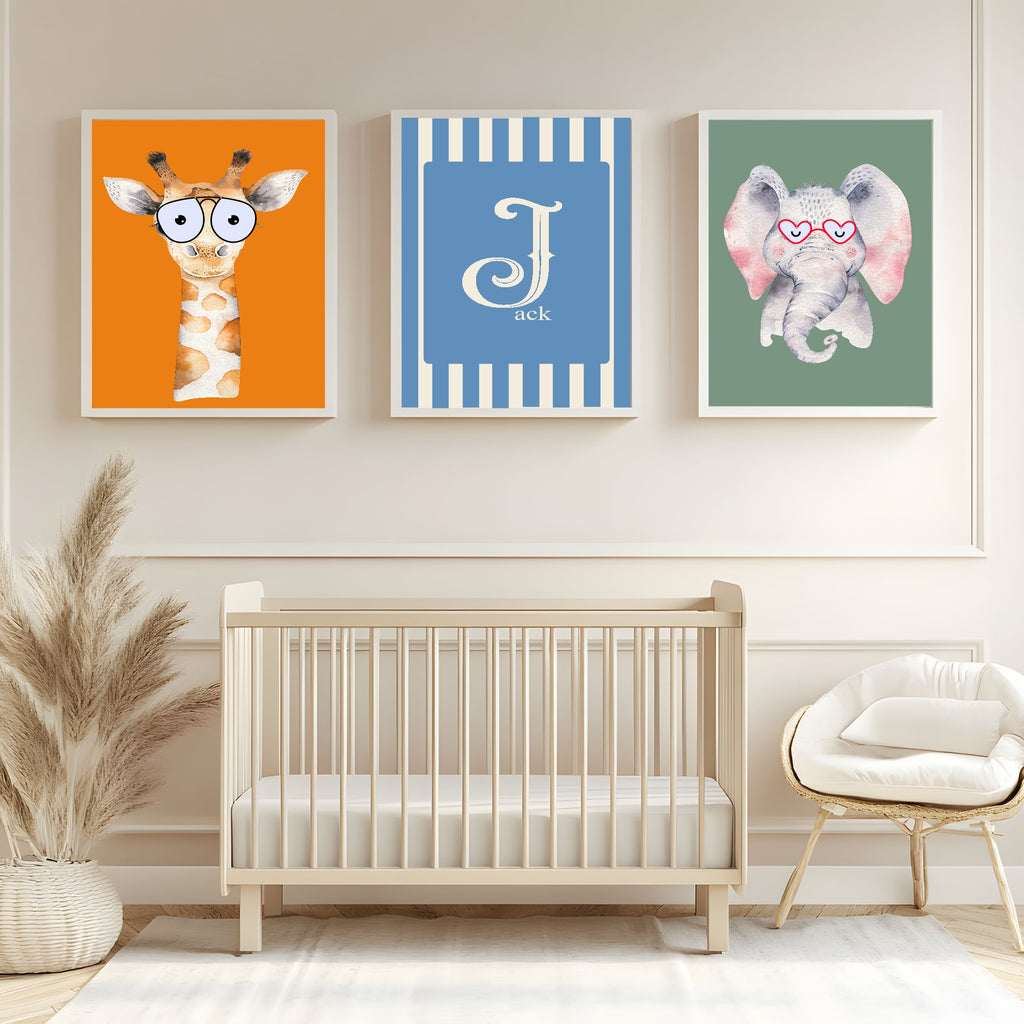 Personalised Set Of 3 Emmie Elephant & Gillie Giraffe In Sunglasses Wall Art Prints | Orange Kids Animal Posters