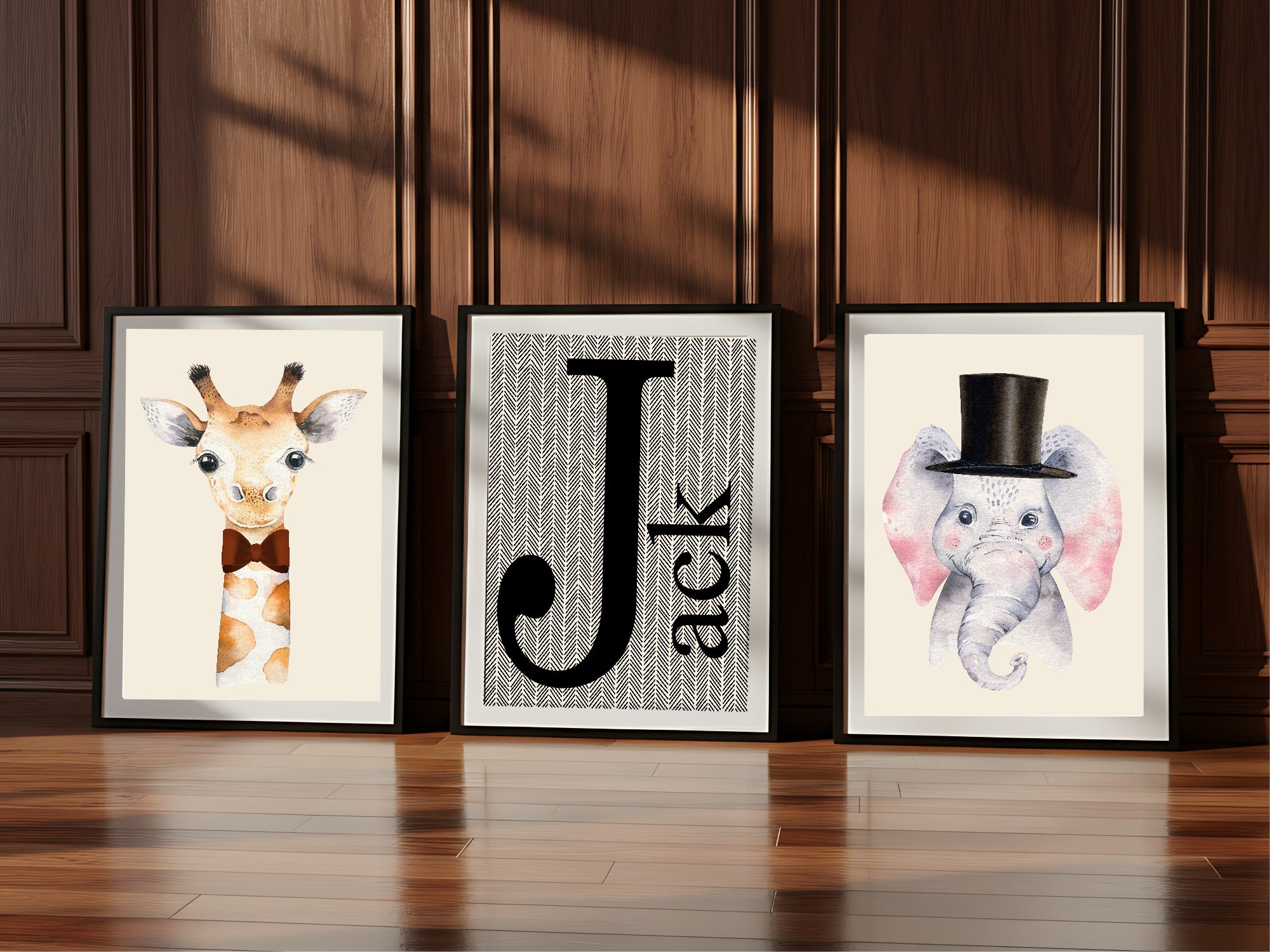 Personalised Set Of 3 Smartly Dressed Emmie Elephant & Gillie Giraffe Wall Art Prints | Kids Animal Posters