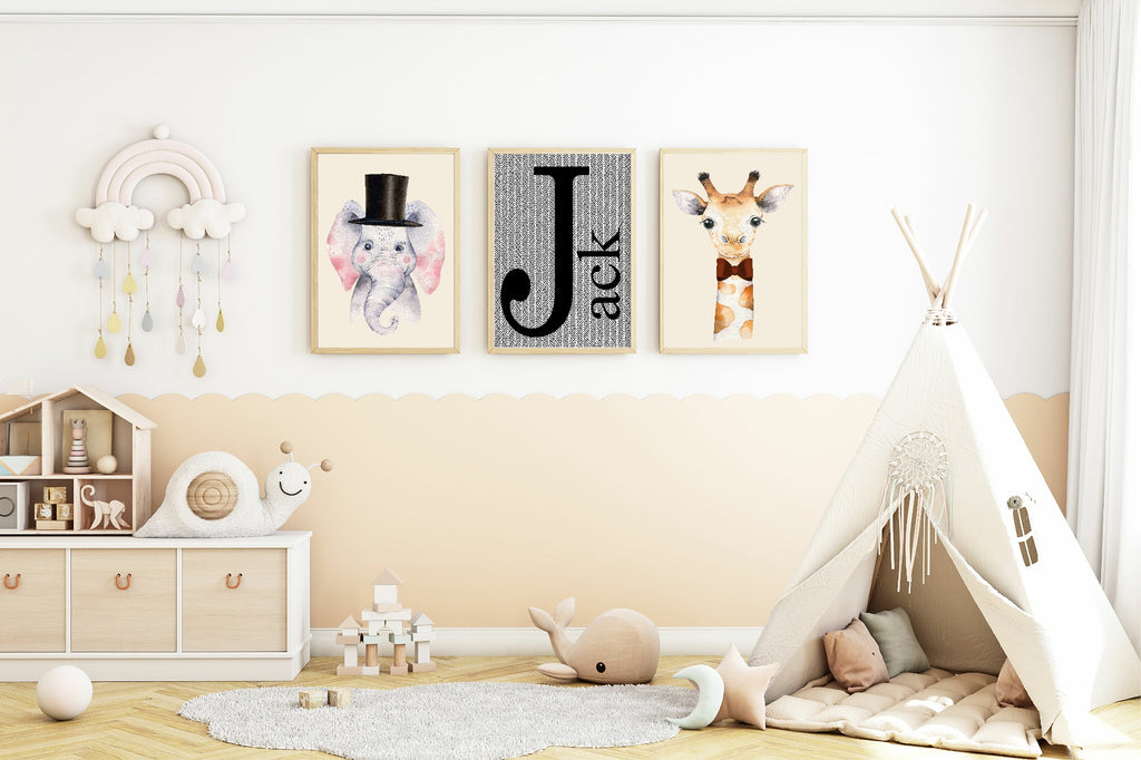 Personalised Set Of 3 Smartly Dressed Emmie Elephant & Gillie Giraffe Wall Art Prints | Kids Animal Posters