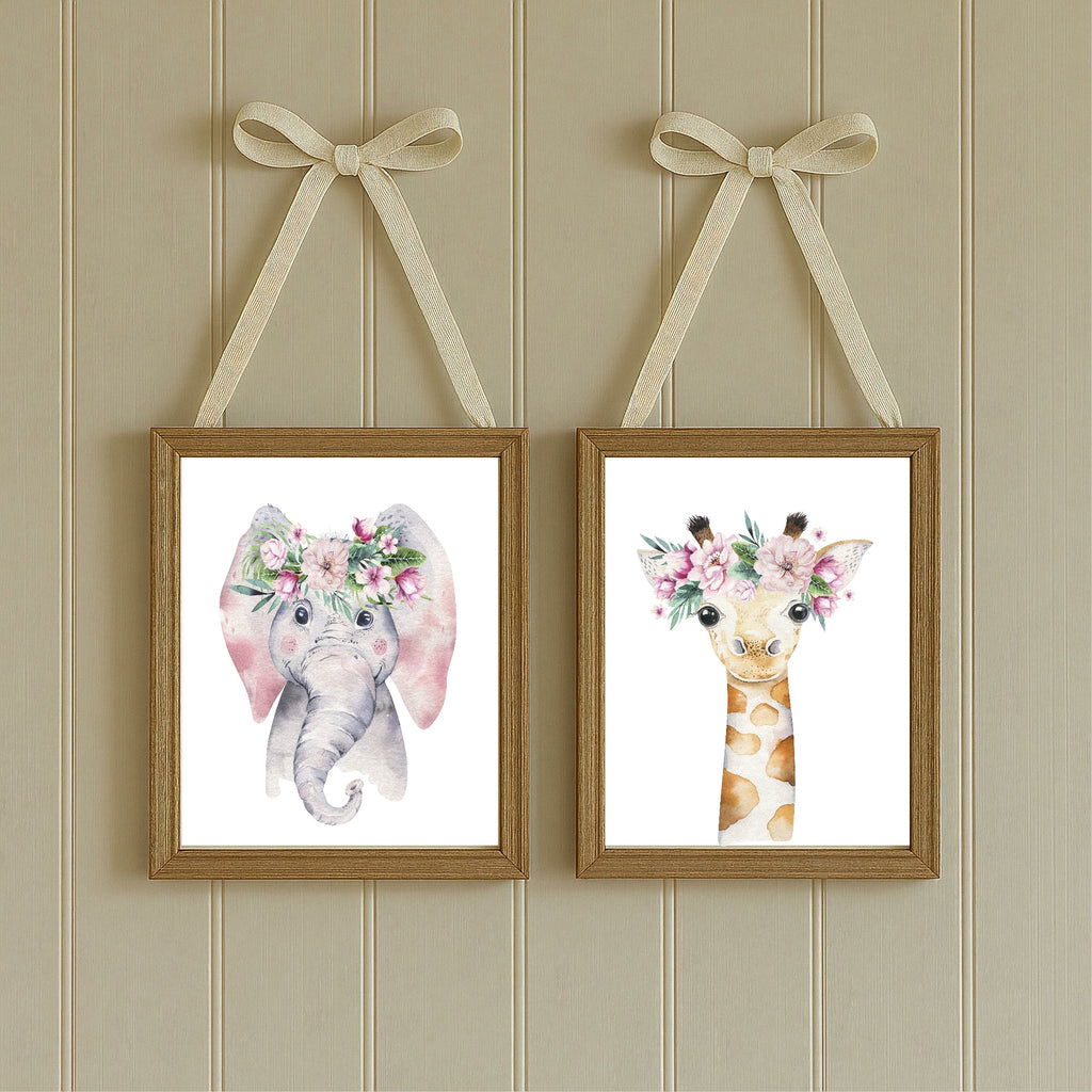 Personalised Set Of 3 Emmie Elephant & Gillie Giraffe Wall Art Prints | Kids Animal Posters