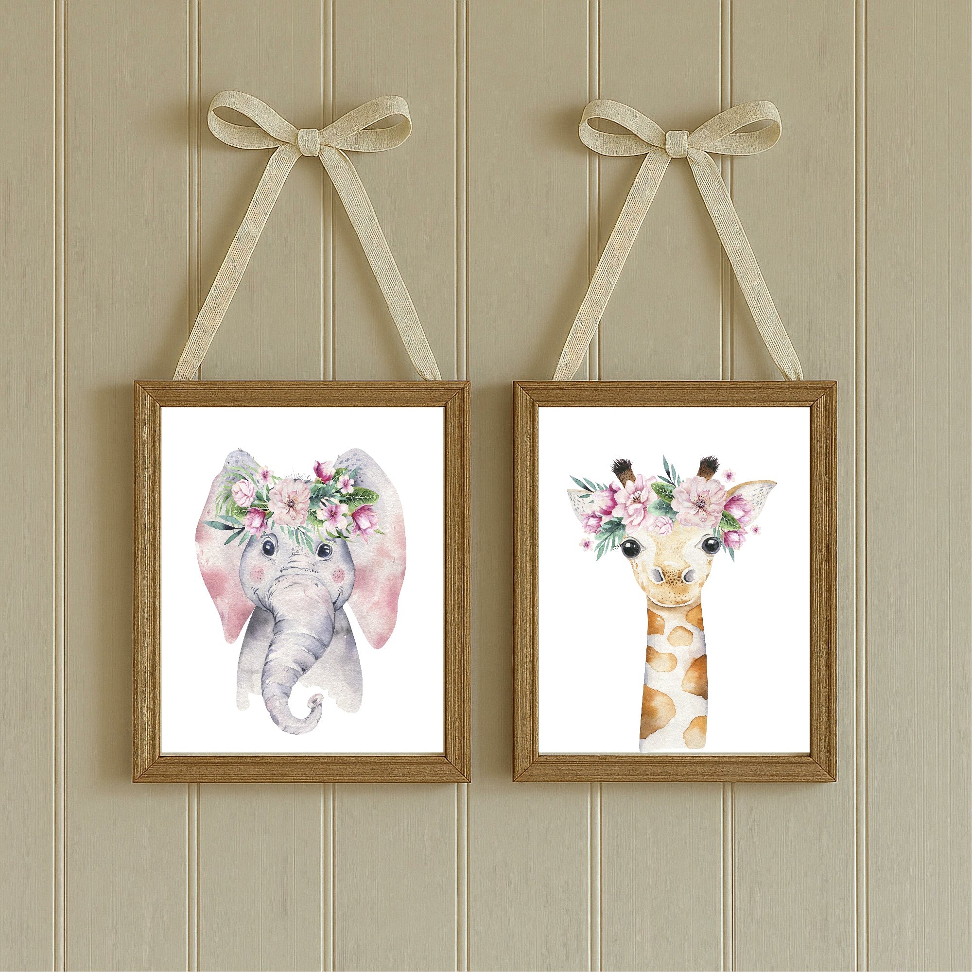 Personalised Set Of 3 Emmie Elephant & Gillie Giraffe Wall Art Prints | Kids Animal Posters