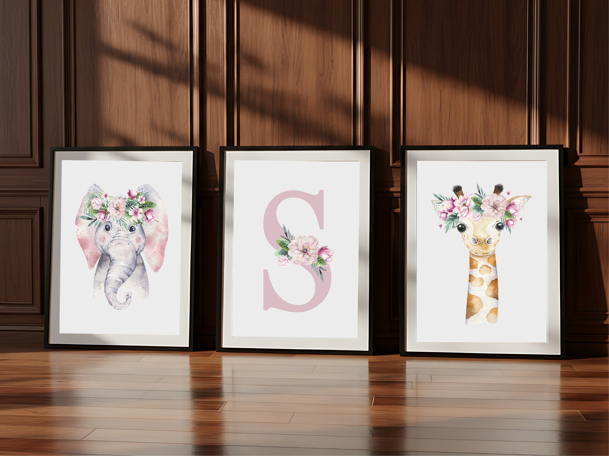 Personalised Set Of 3 Emmie Elephant & Gillie Giraffe Wall Art Prints | Kids Animal Posters