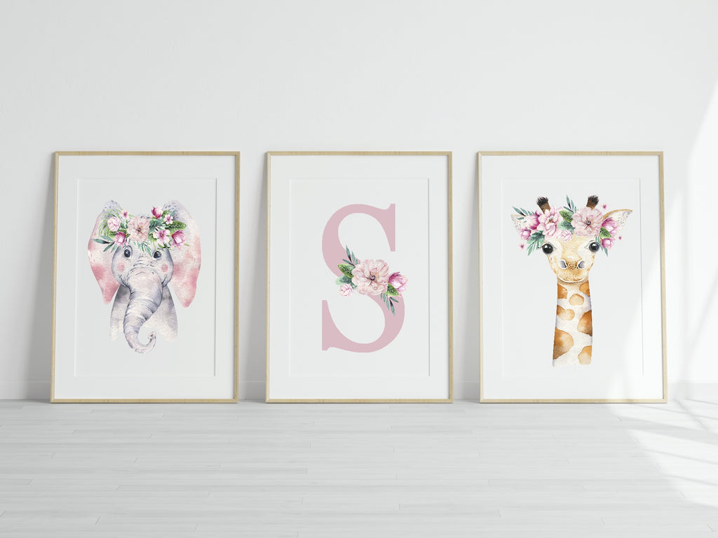 Personalised Set Of 3 Emmie Elephant & Gillie Giraffe Wall Art Prints | Kids Animal Posters