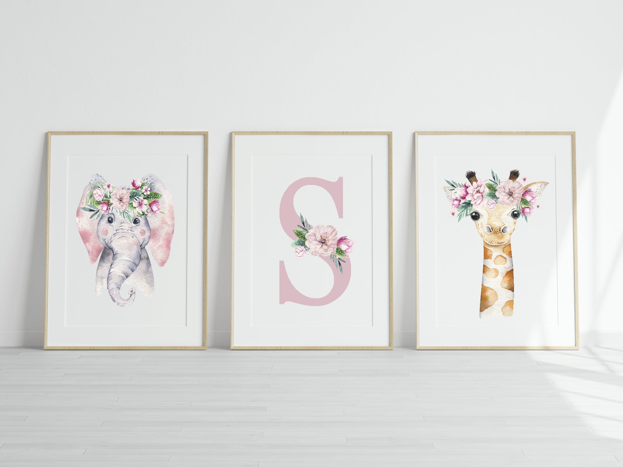 Personalised Set Of 3 Emmie Elephant & Gillie Giraffe Wall Art Prints | Kids Animal Posters
