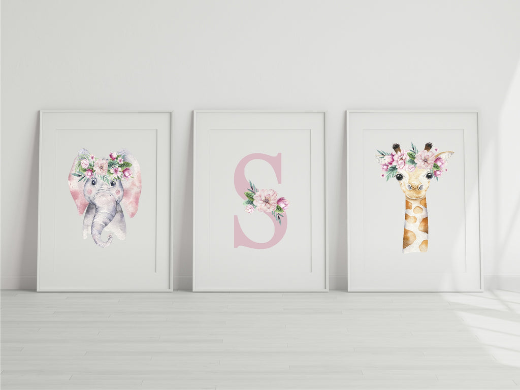 Personalised Set Of 3 Emmie Elephant & Gillie Giraffe Wall Art Prints | Kids Animal Posters