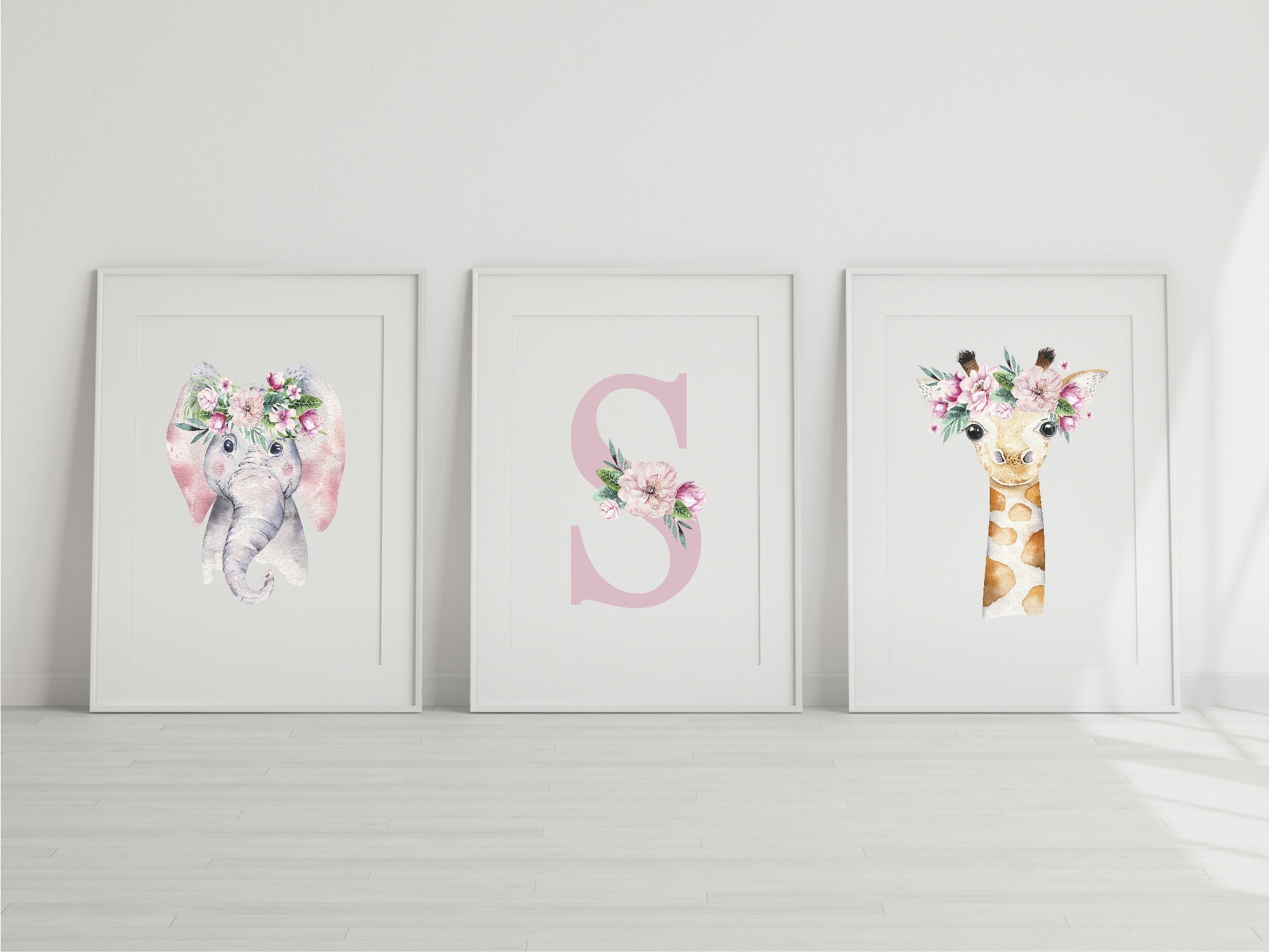 Personalised Set Of 3 Emmie Elephant & Gillie Giraffe Wall Art Prints | Kids Animal Posters