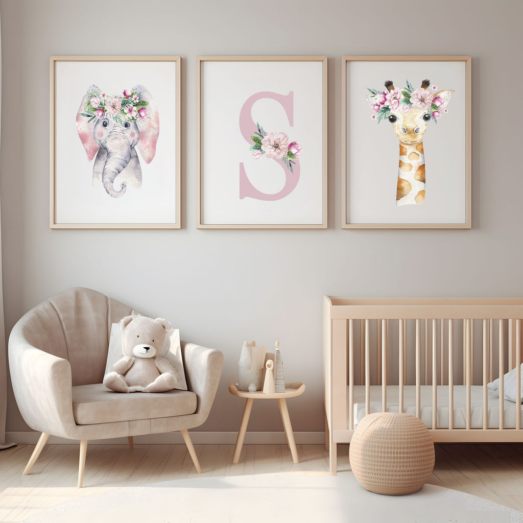 Personalised Set Of 3 Emmie Elephant & Gillie Giraffe Wall Art Prints | Kids Animal Posters