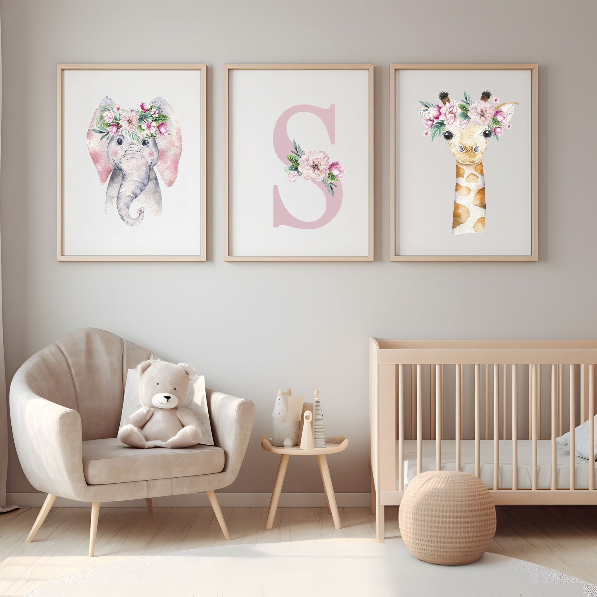 Personalised Set Of 3 Emmie Elephant & Gillie Giraffe Wall Art Prints | Kids Animal Posters