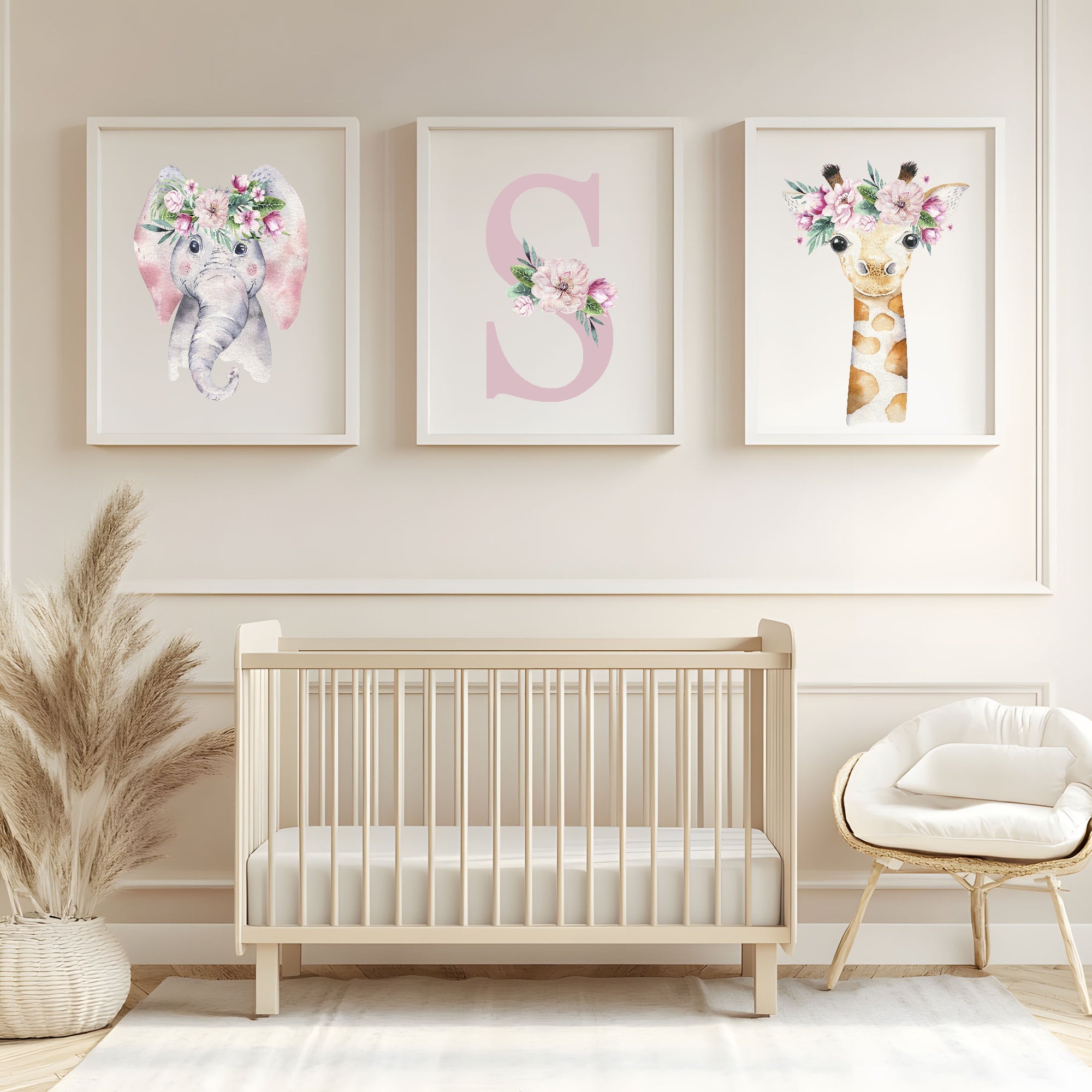 Personalised Set Of 3 Emmie Elephant & Gillie Giraffe Wall Art Prints | Kids Animal Posters