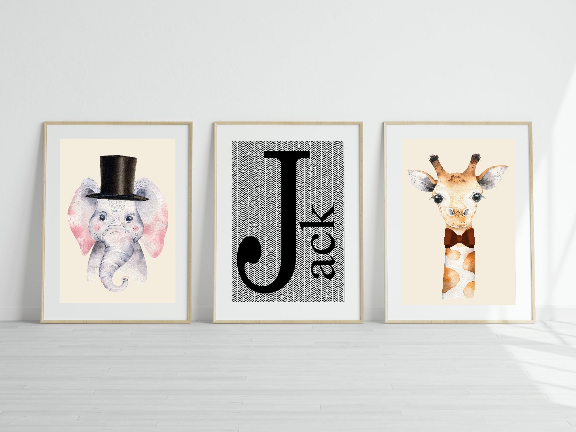 Personalised Set Of 3 Smartly Dressed Emmie Elephant & Gillie Giraffe Wall Art Prints | Kids Animal Posters