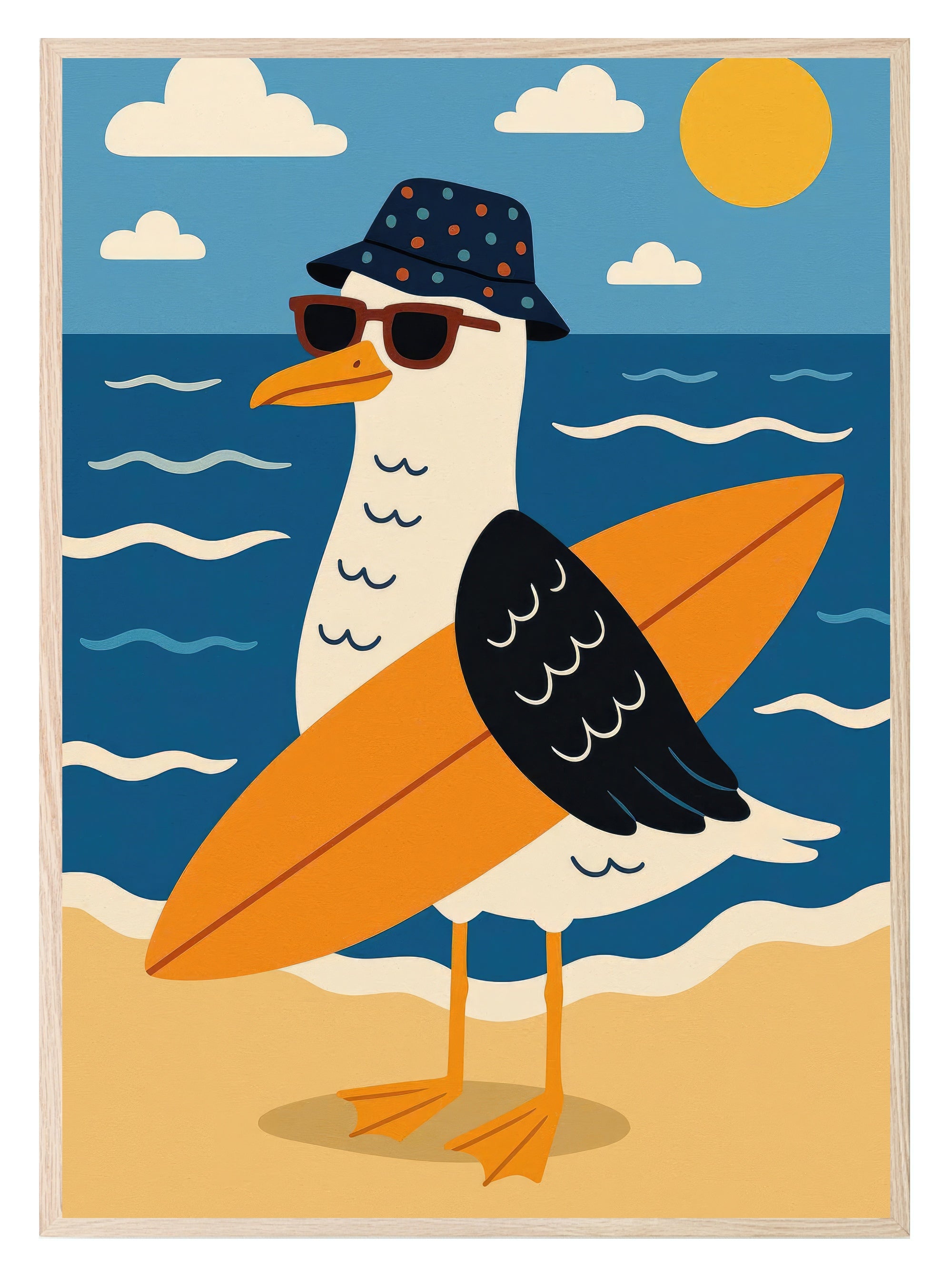 Surfing Seagull Print | Fun Coastal Kids Wall Art