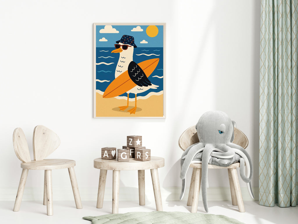 Surfing Seagull Wall Art Print