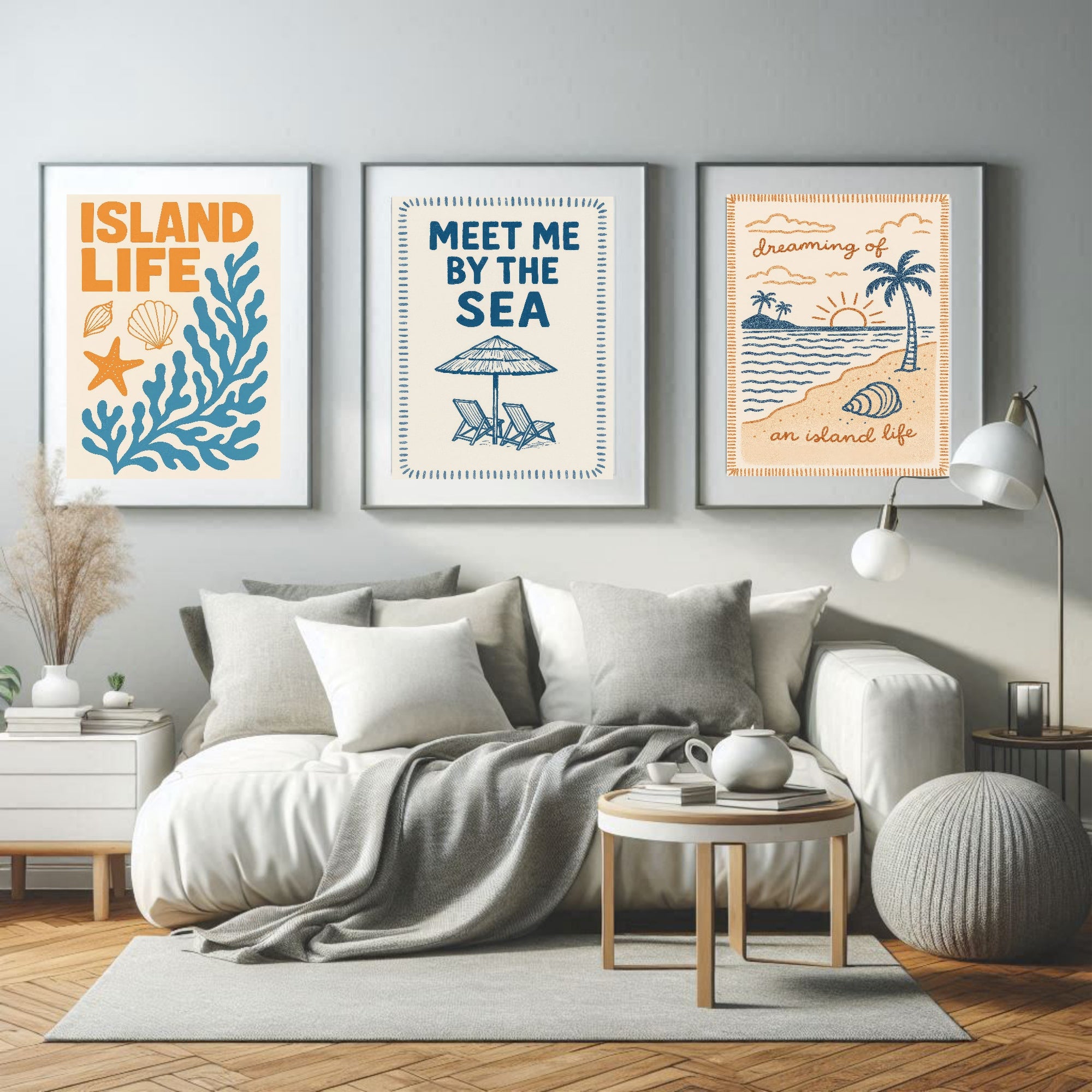 Living room with 'Island Life' and 'Meet Me by the Sea' wall art above a sofa.