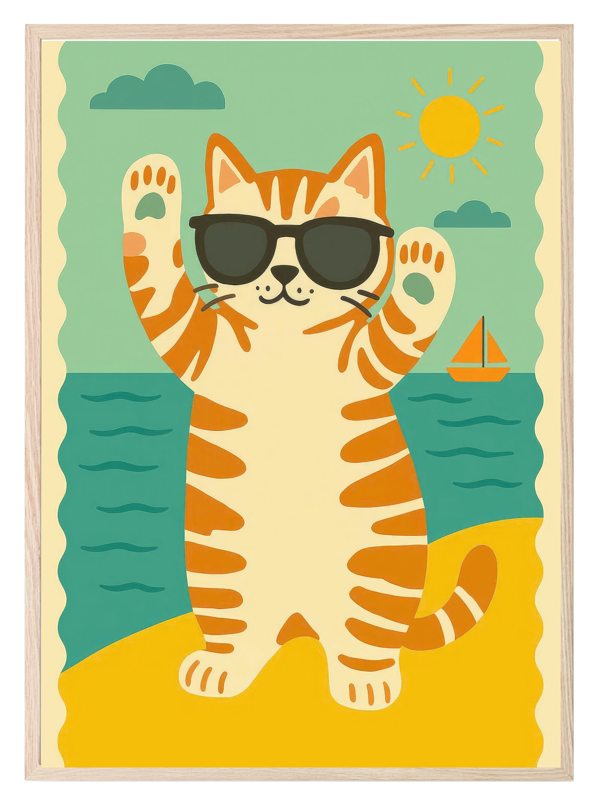 Cat at the Beach Print | Fun Coastal Wall Art