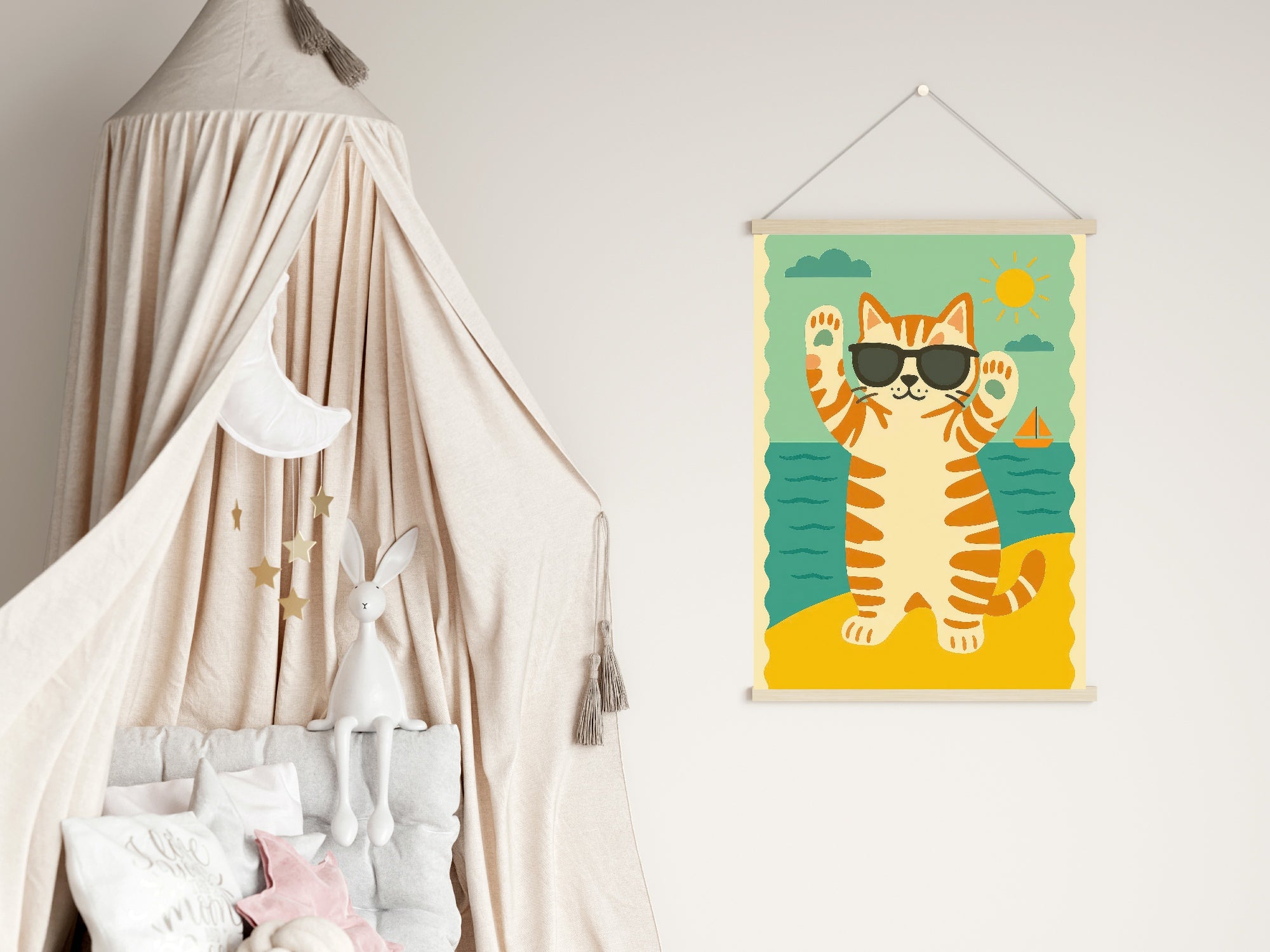 Cat At The Beach Wall Art Print
