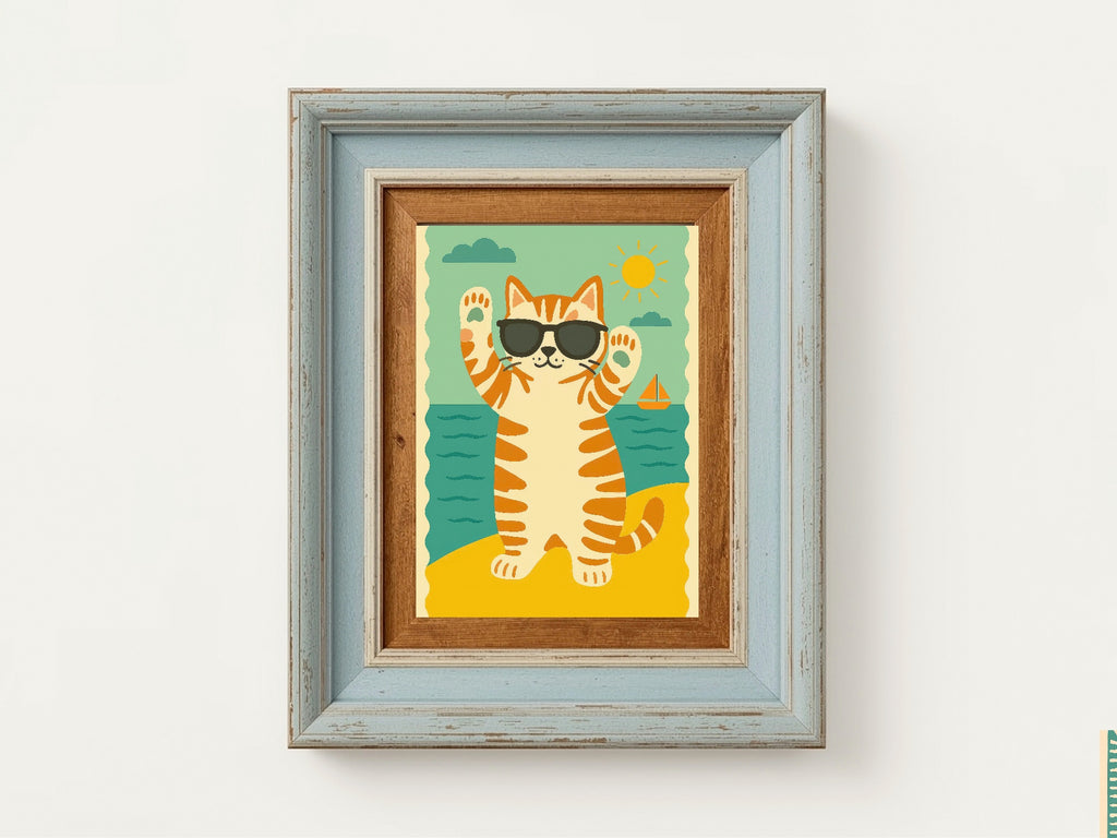 Cat At The Beach Wall Art Print