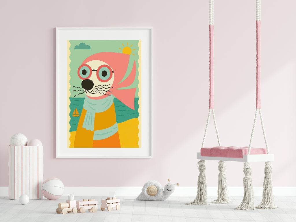 Colorful children's illustration of a dog with glasses on a pink wall, with a swing and toys in the foreground.
