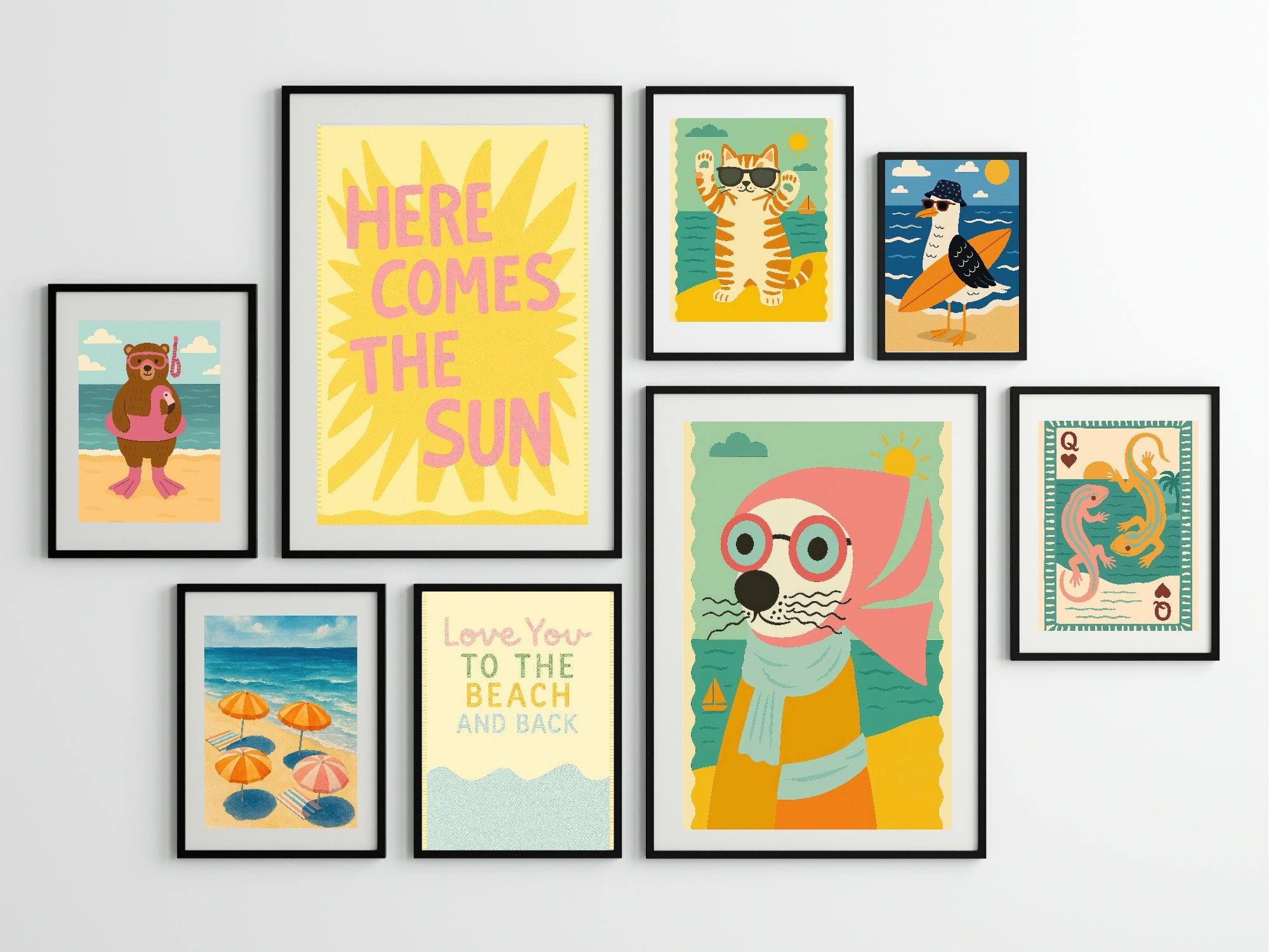 Set of colorful children's wall art prints on a light gray background