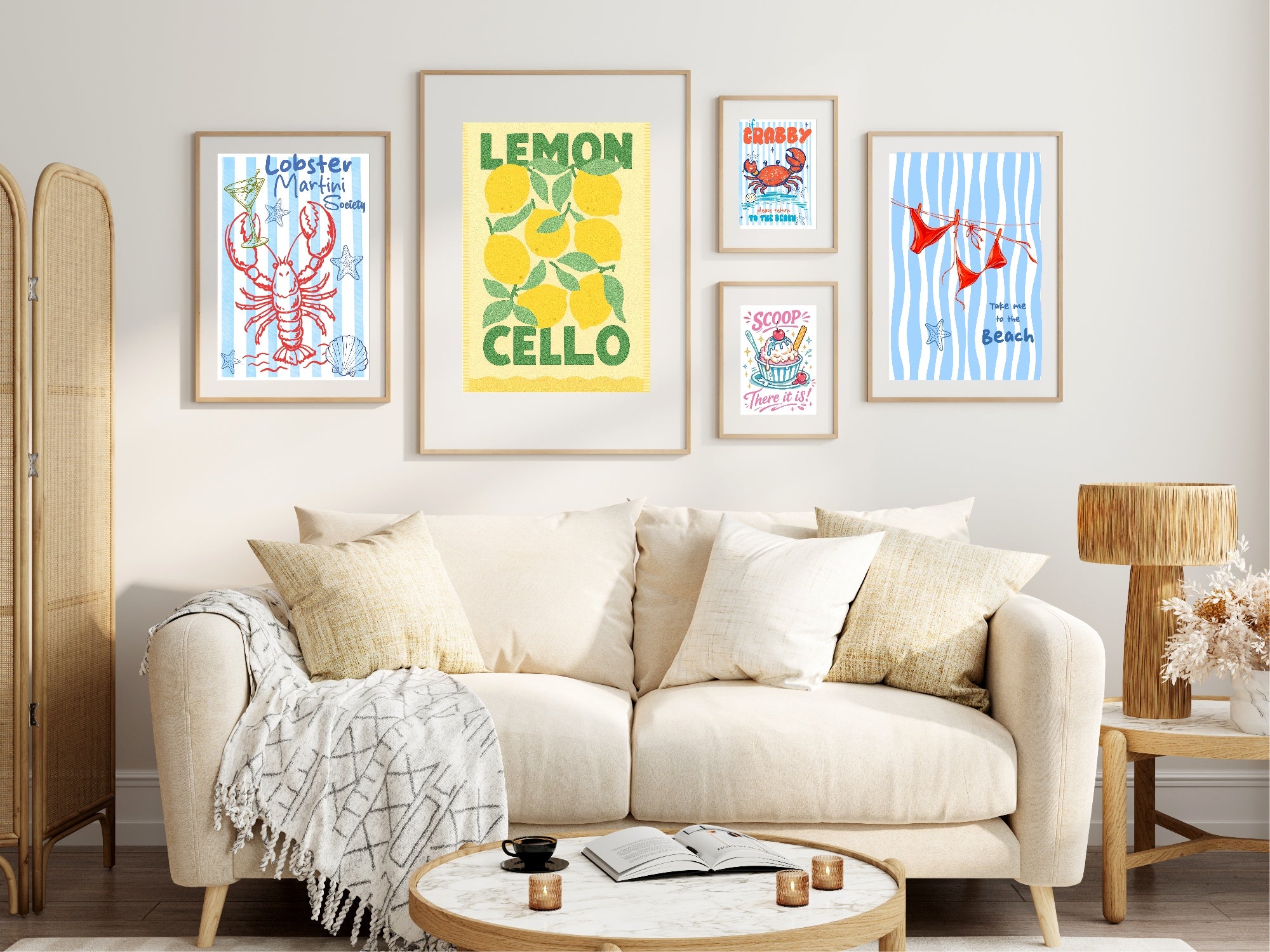 Summer wall art prints lobster, limoncello, crabby, cream & Beach 