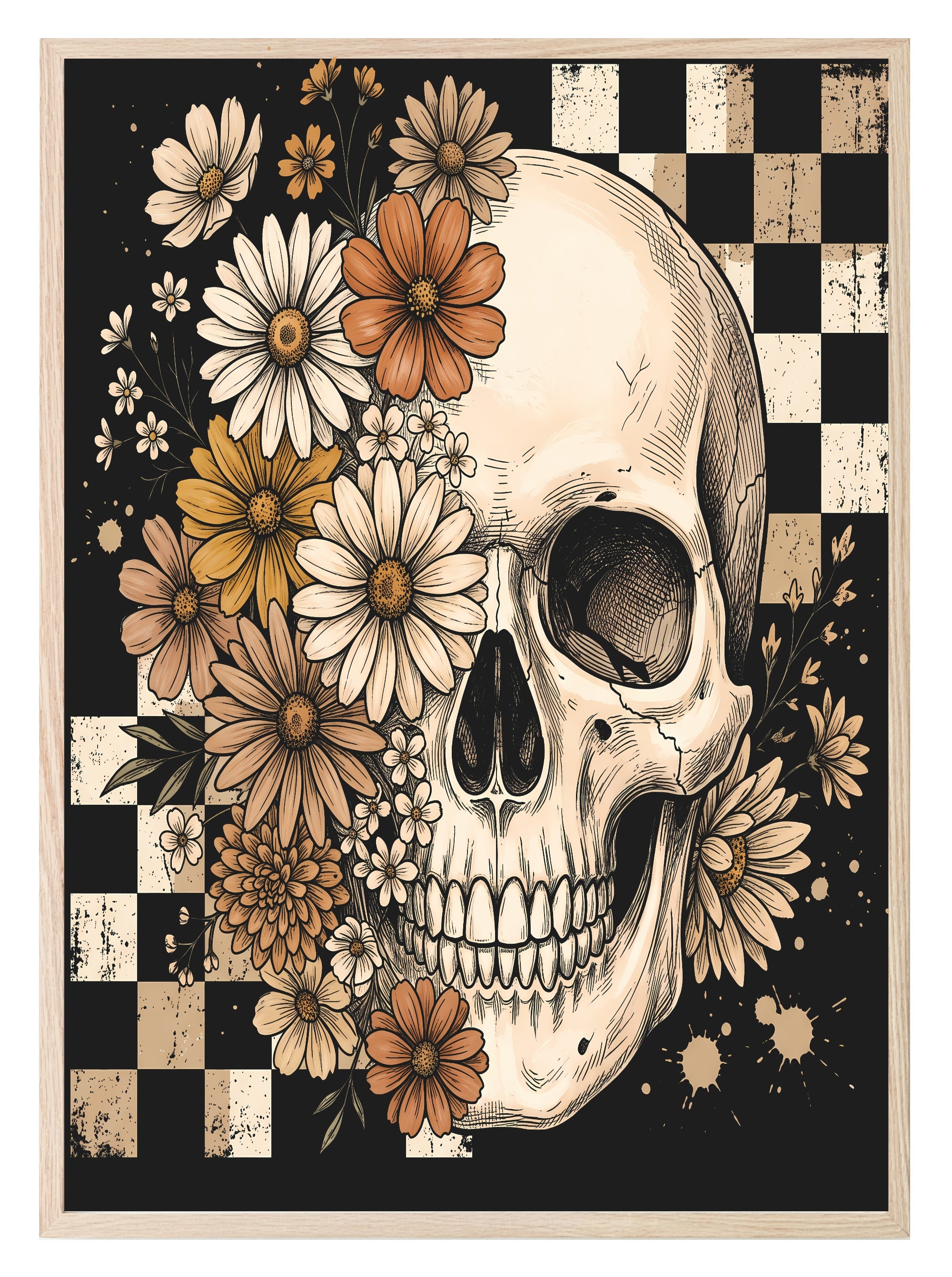 Checkerboard Floral Skull Print | Gothic Wall Art