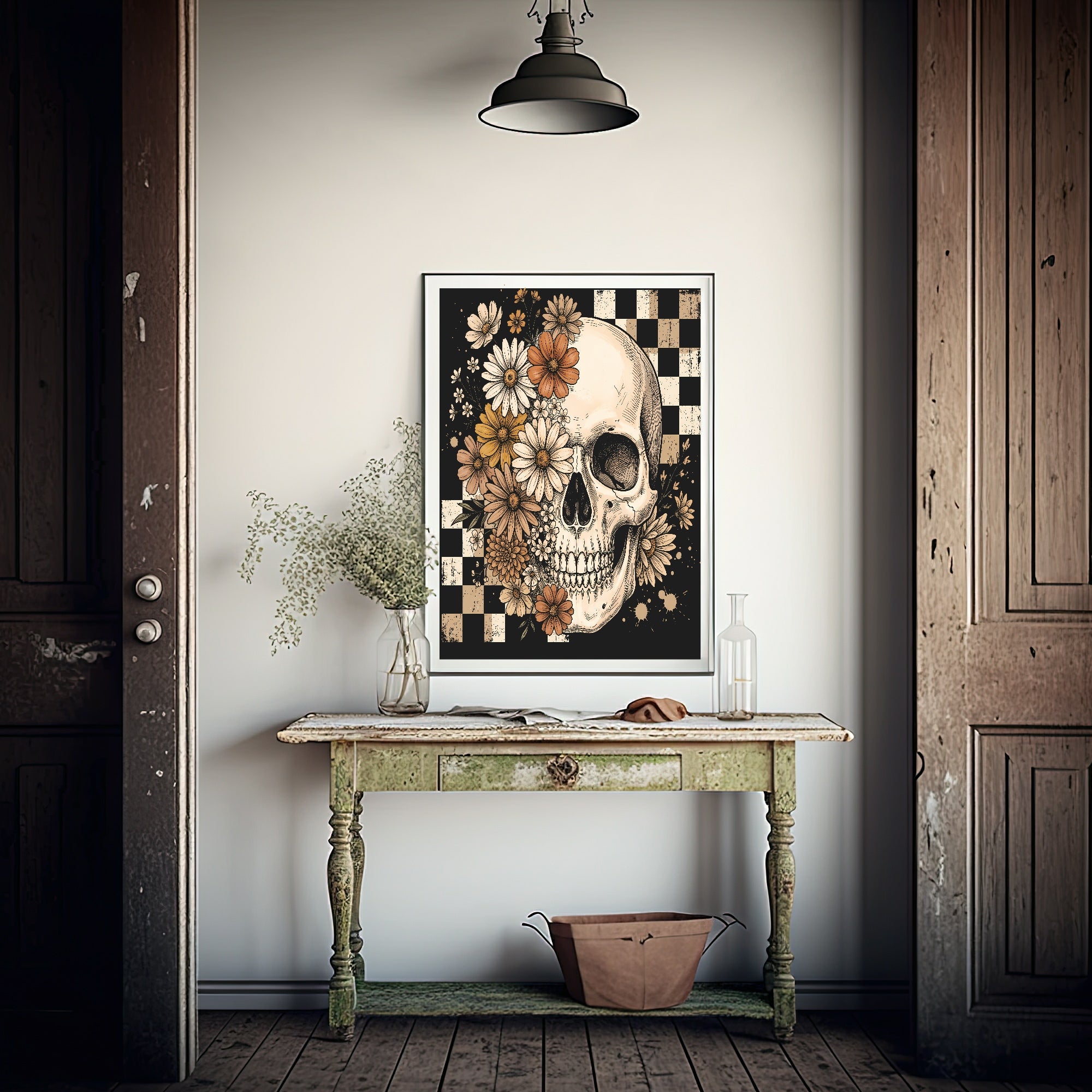 Checkerboard Floral Skull Print | Gothic Wall Art