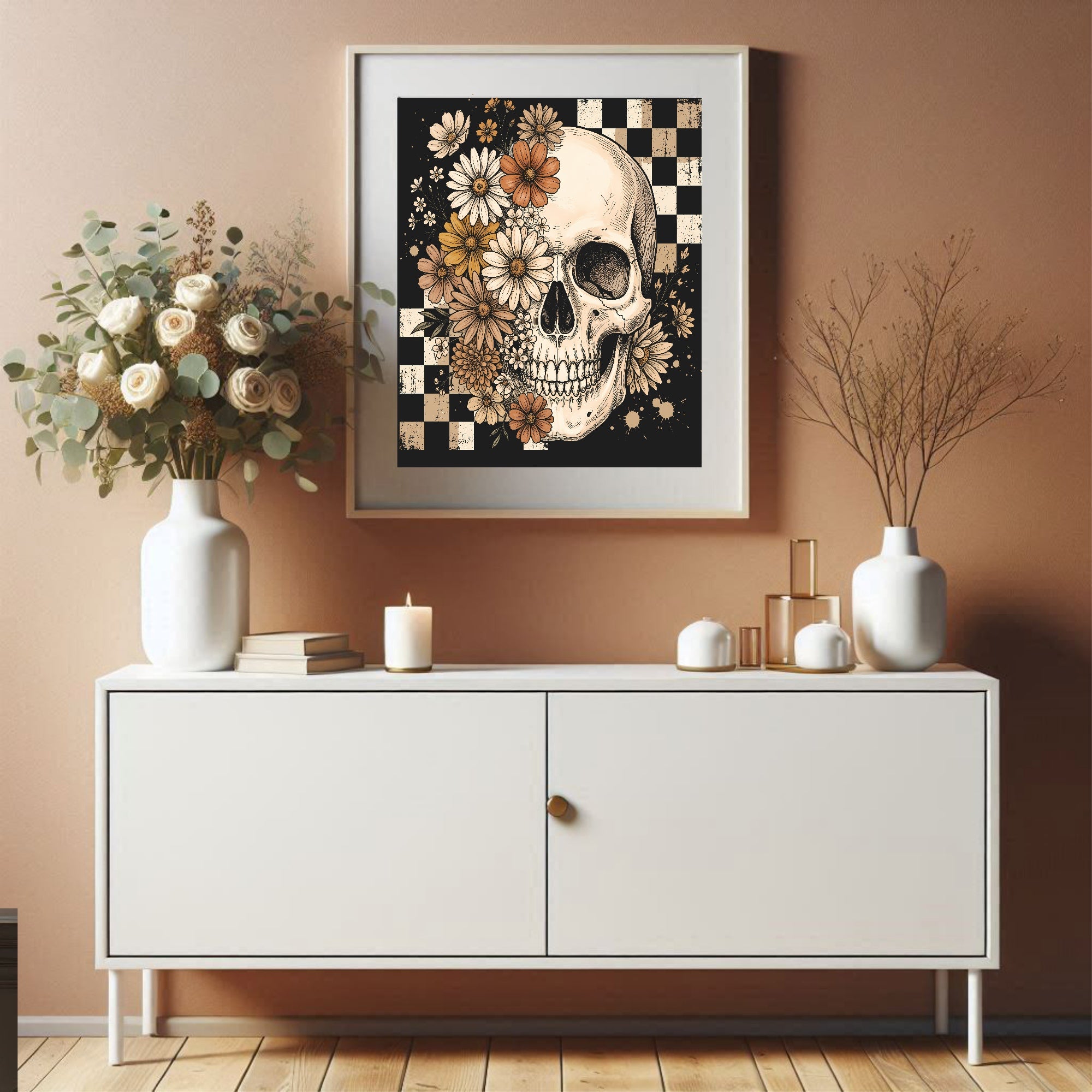 Checkerboard Floral Skull Print | Gothic Wall Art