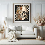 Checkerboard Floral Skull Print | Gothic Wall Art