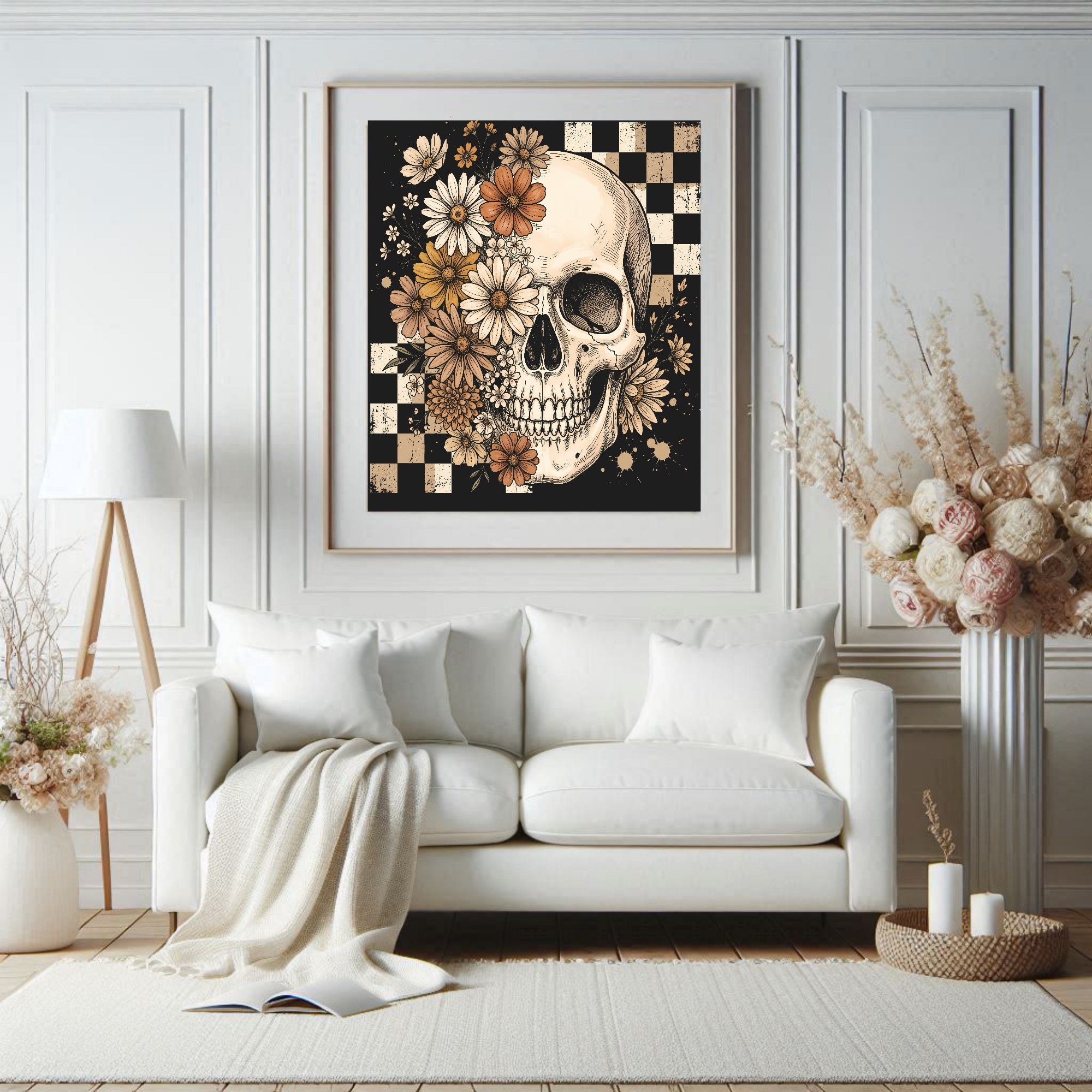 Checkerboard Floral Skull Print | Gothic Wall Art