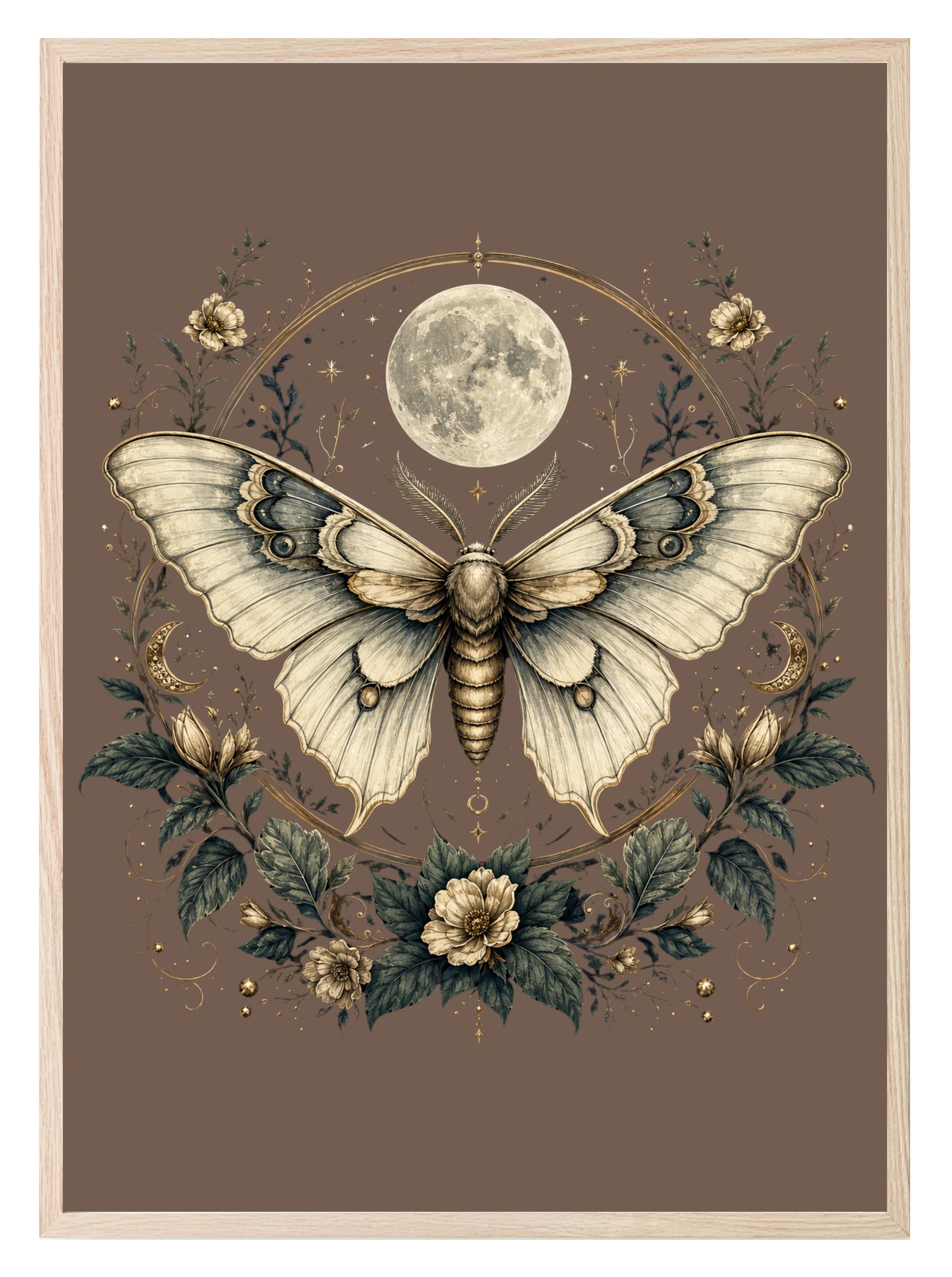 Brown Moth & Moon Print | Celestial Gothic Wall Art