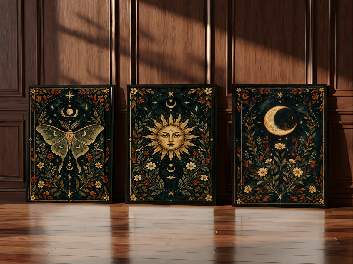 Autumn Moon, Sun and Moth complete set of three wall art prints