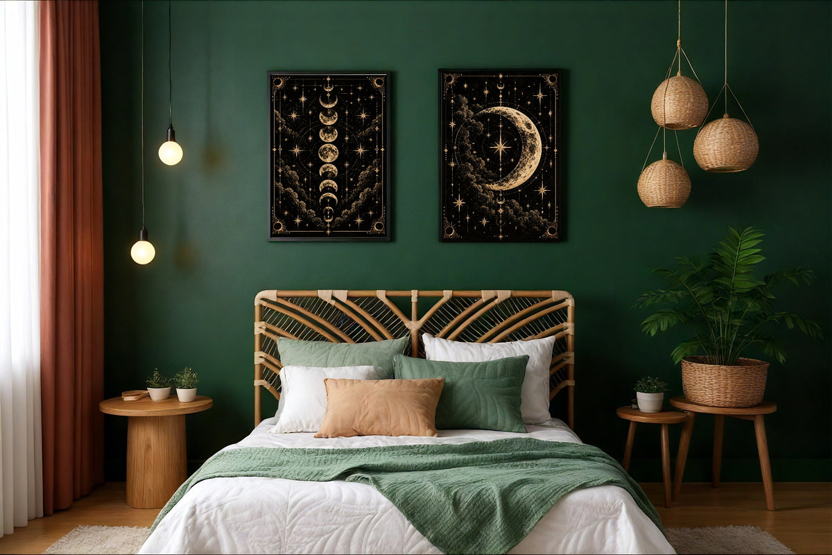 Black and Gold Moon and Moon Cycle coordinated wall art