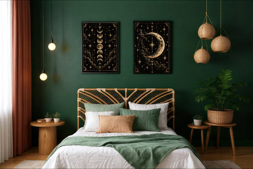 Black and Gold Moon and Moon Cycle coordinated wall art