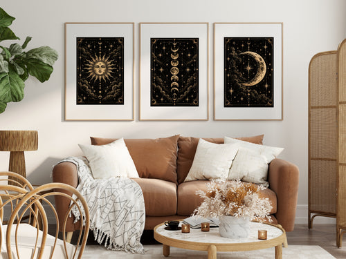 Black and Gold Moon, Sun and Moon Cycle complete set of three prints