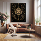 Black and Gold Sun wall art in a styled interior