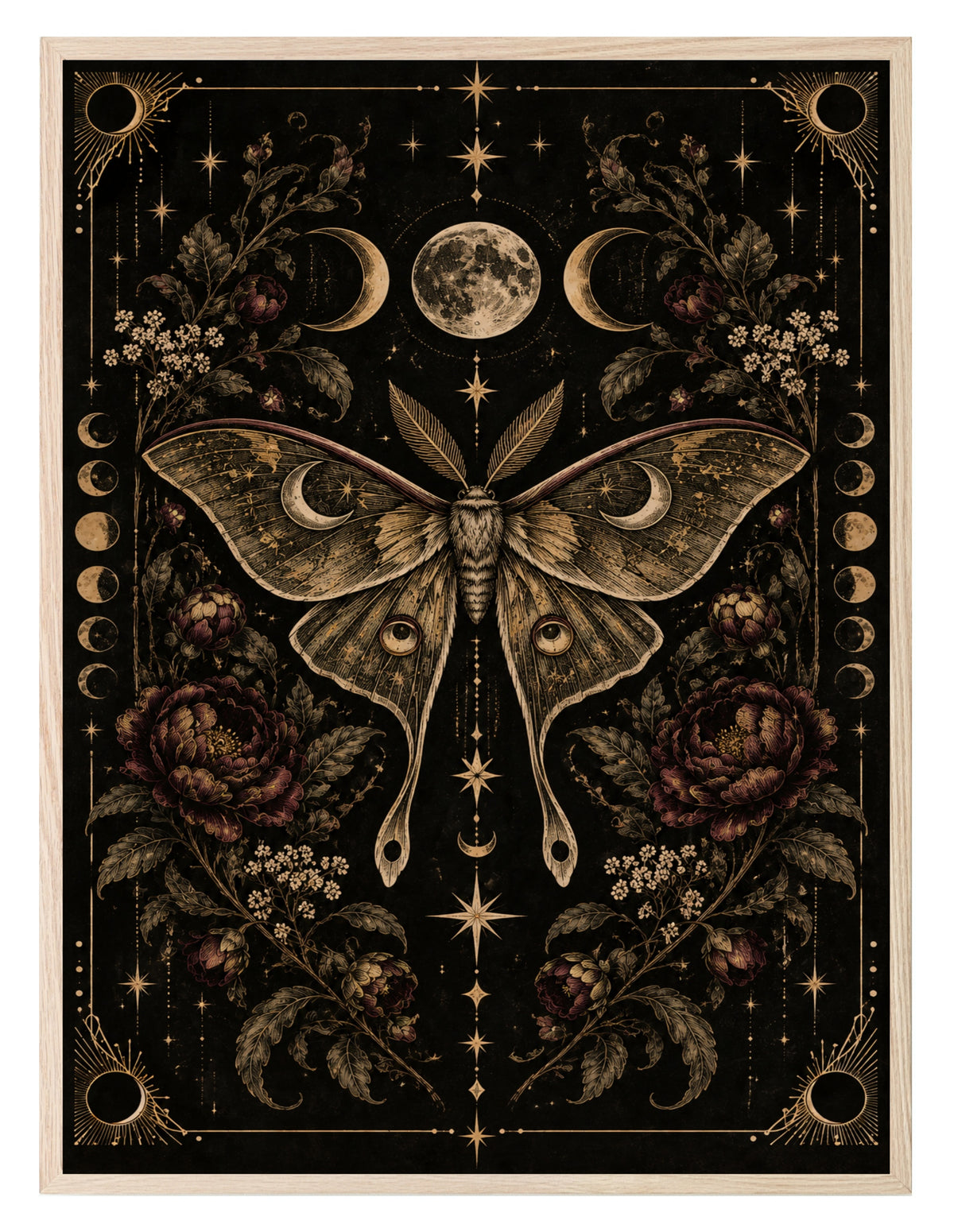 Black, Gold and Burgundy Moth wall art print