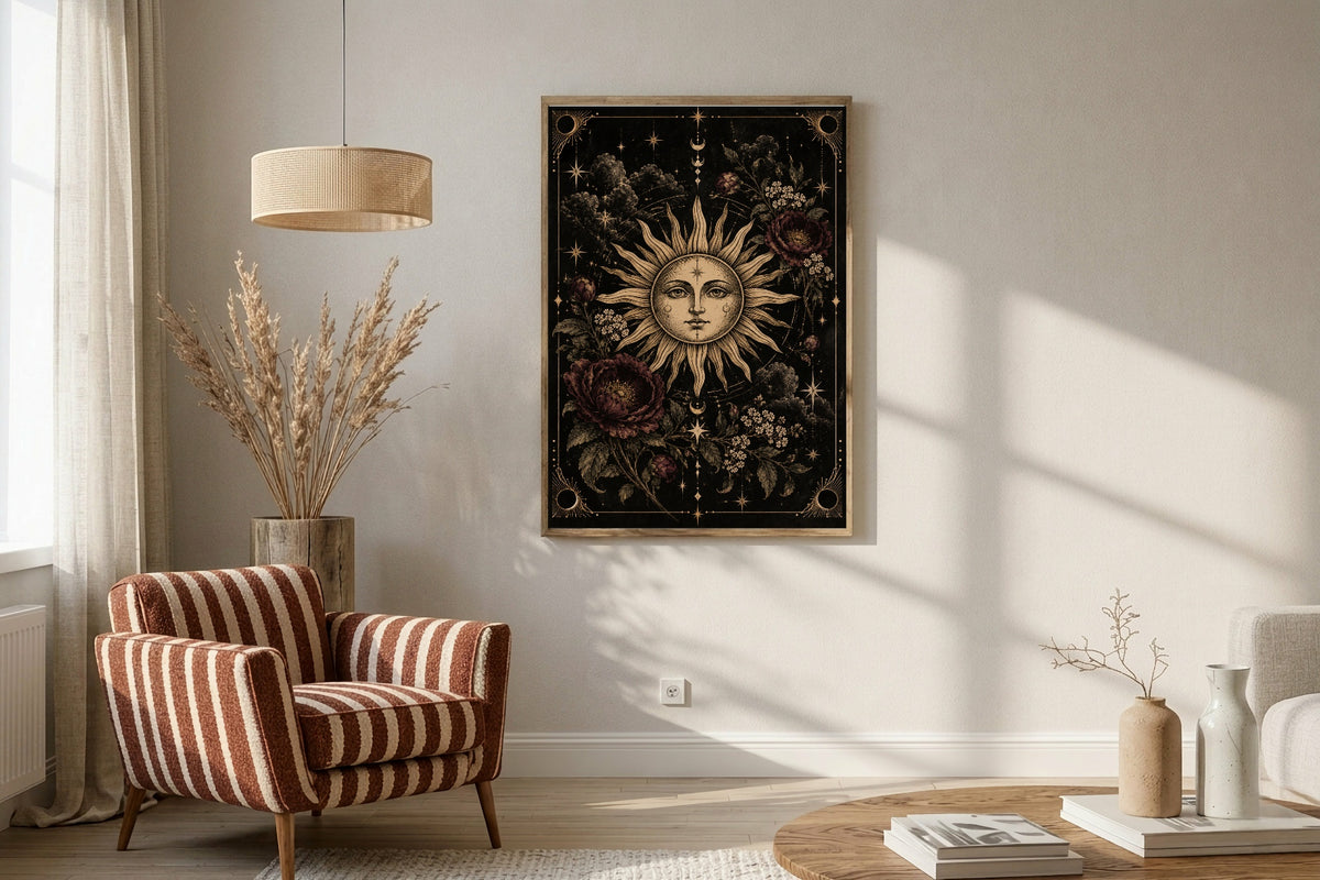 Black, Gold and Burgundy Sun wall art print