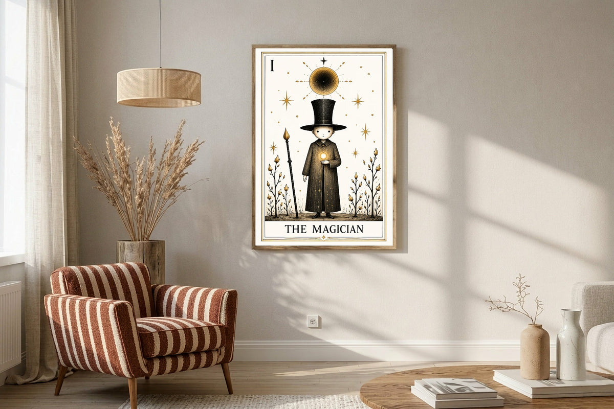 The Magician Tarot print in a styled interior