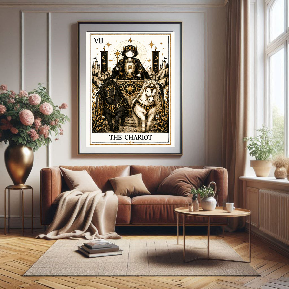 The Chariot Tarot print in a styled interior